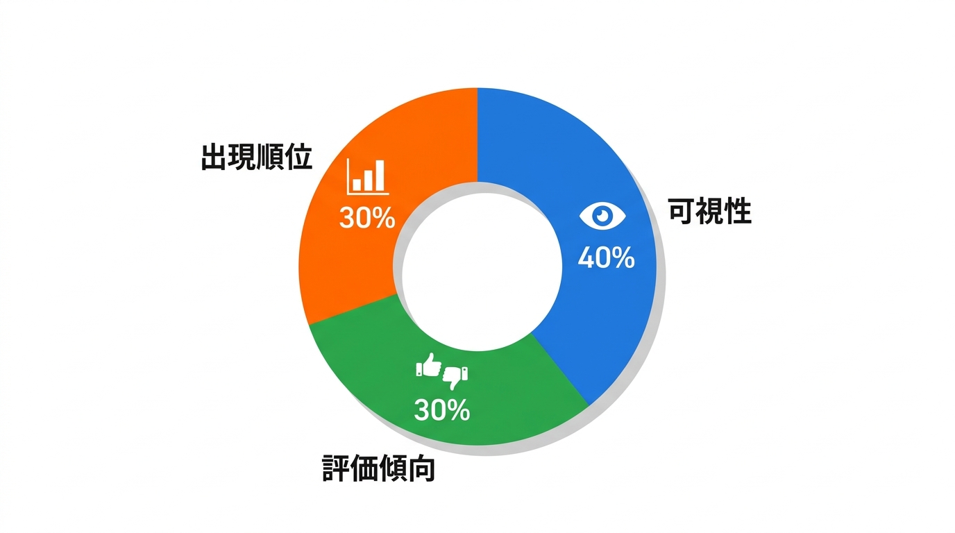 APRを構成する可視性・評価傾向・出現順位の3要素とその割合を示した円グラフ風の図解